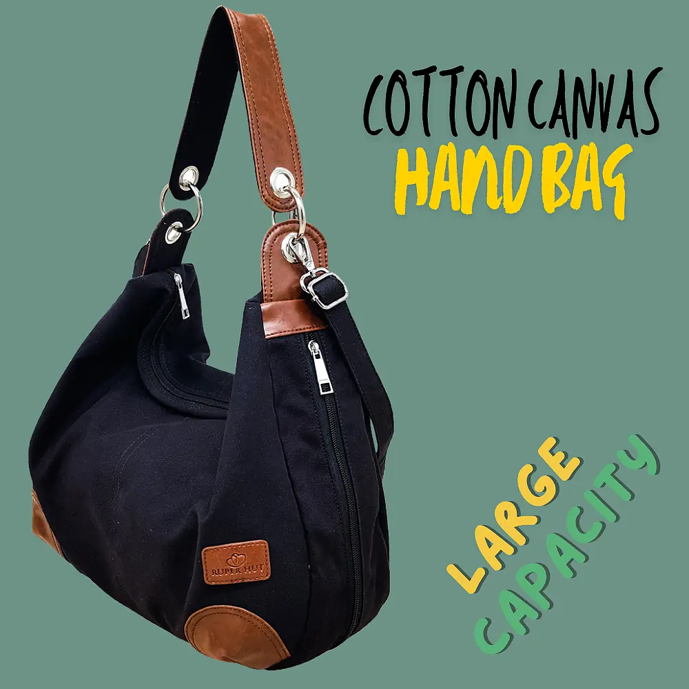 Rh-01 Black Cotton Canvas Ladies Hand Bag - Image 2